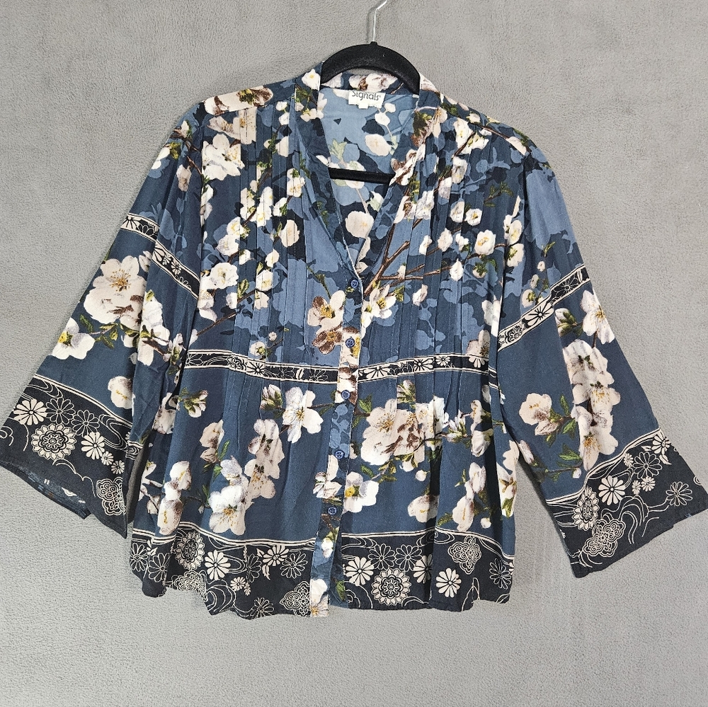 Signals Womens Plus 1X Peasant Shirt Button Up Pleated Floral Colorful Cottage